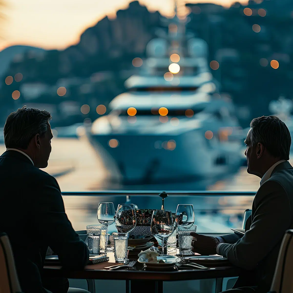 Deux hommes dînent face à un yacht