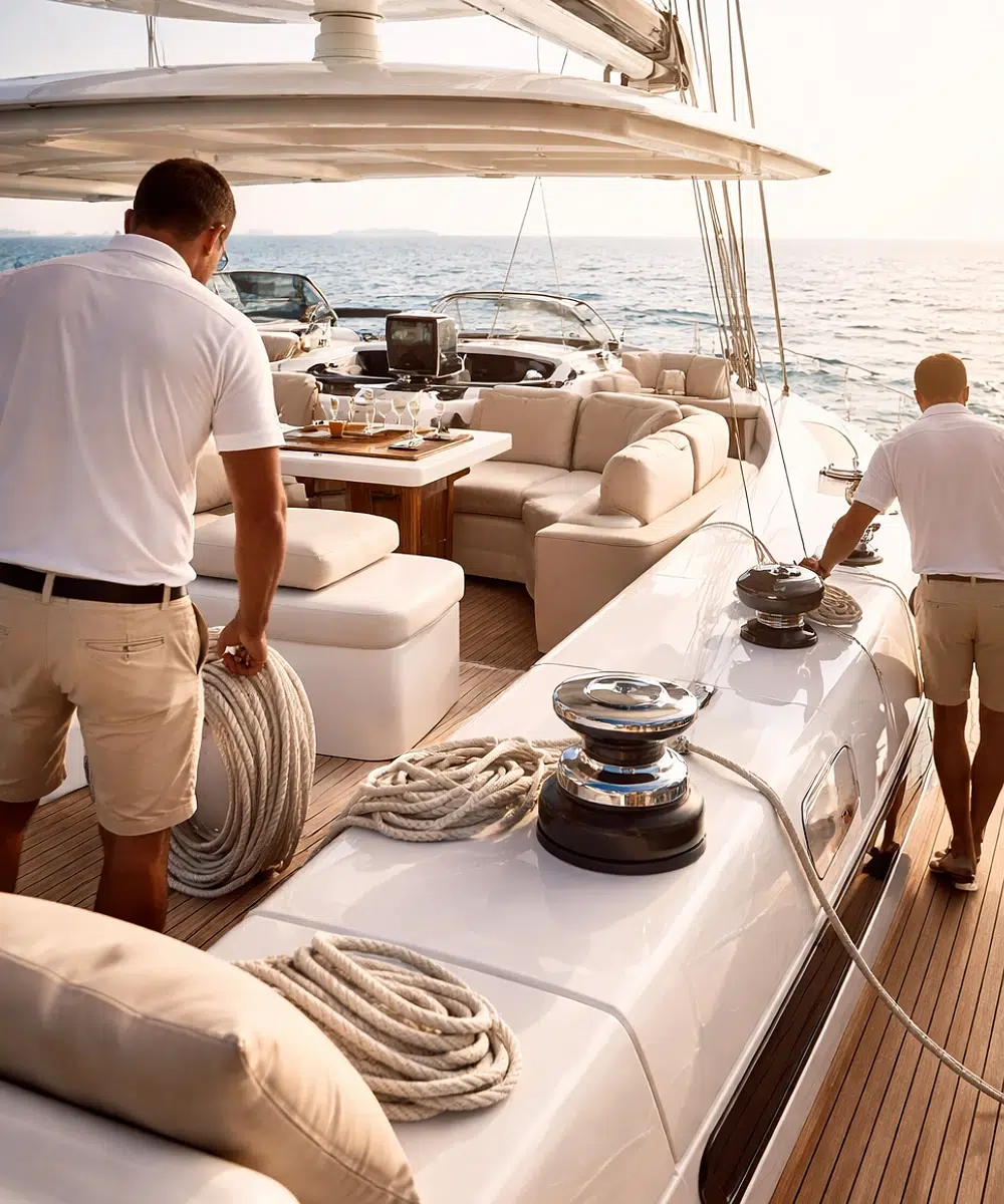 Personnes travaillant sur un yacht en mer