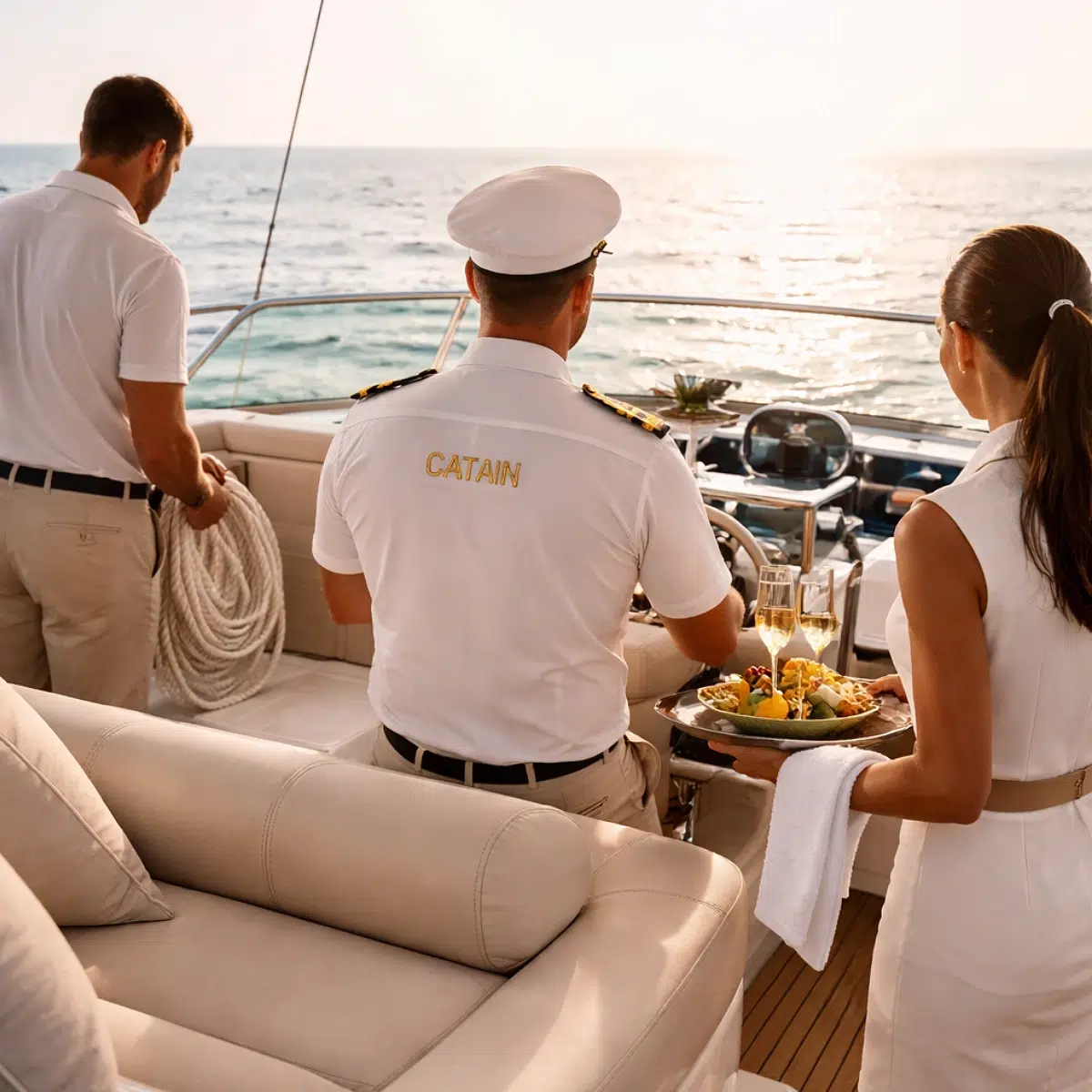 Équipage de yacht en mer Équipage sur un yacht avec vue sur la mer